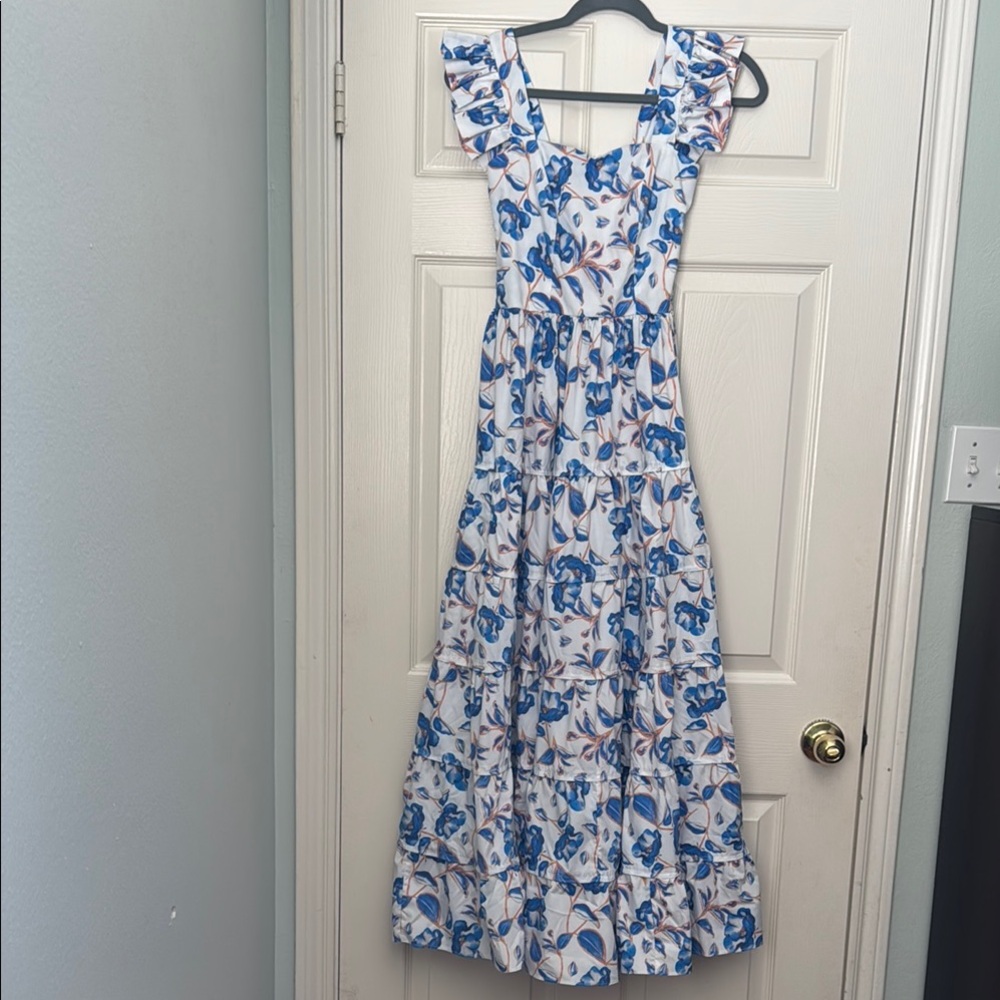 Blue Floral Ruffle Sleeve Maxi Dress